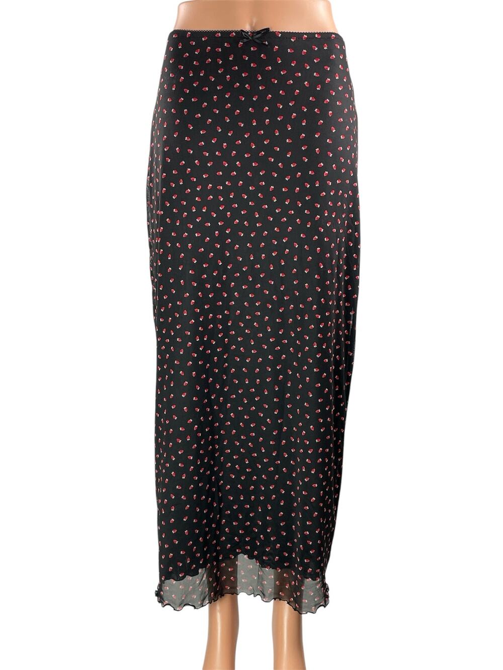 ACW Women's Black Strawberry High Waisted Straight Full Midi Slip Skirt Size S